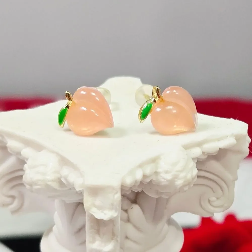 Tiny Peach Stud Earrings Fruitcore Dainty Shimmer Resin Coquette Cute Minimal